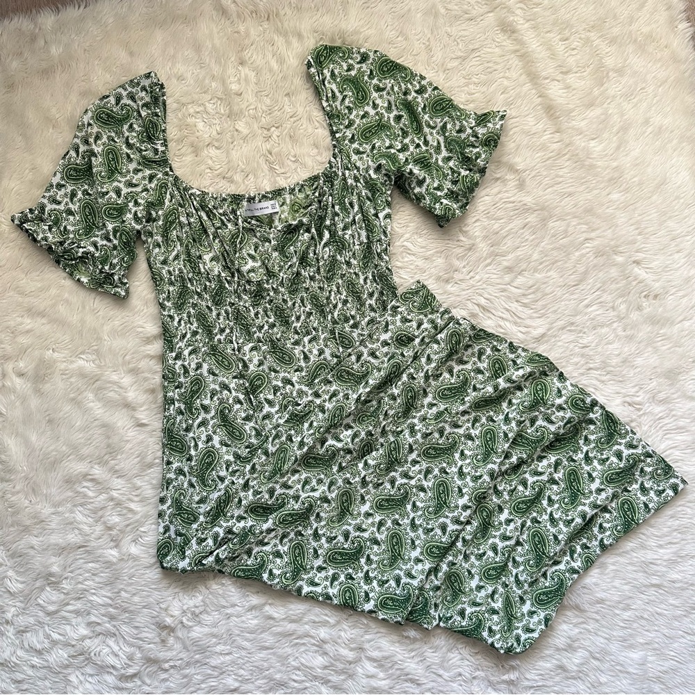 Faithfull The Brand Dress El Paso Midi Crepe Short Sleeve Paisley Green Sz M